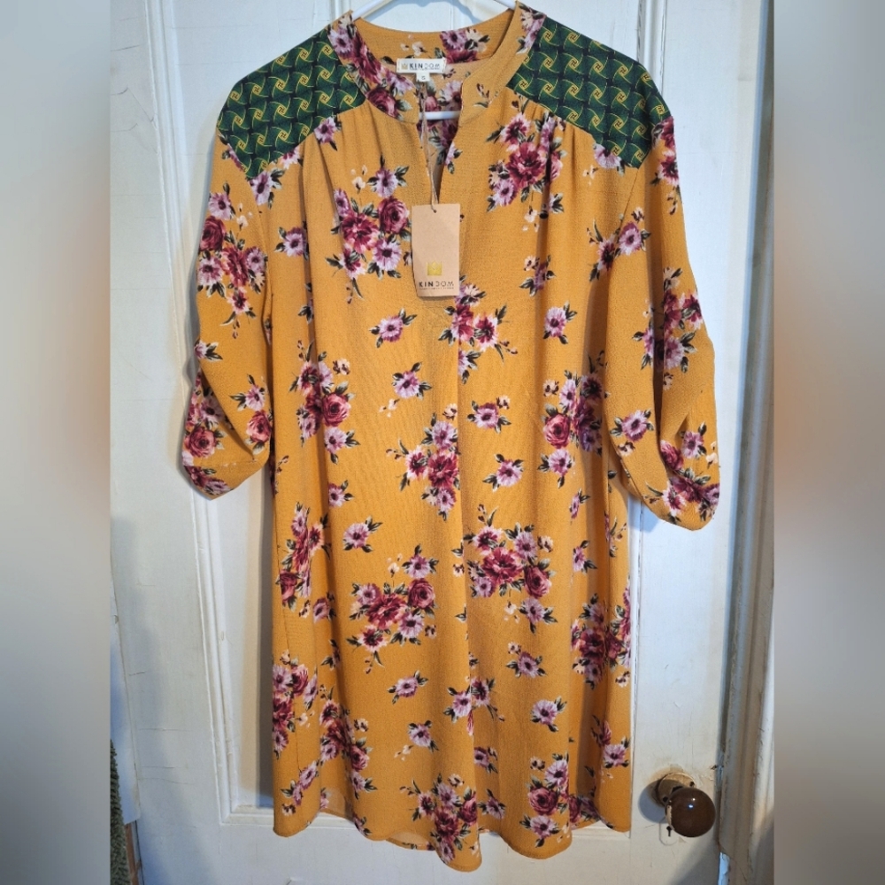 Kindom Tunic Dress Mandarin Yellow Floral W Green Shoulder Patch Half Sleeve